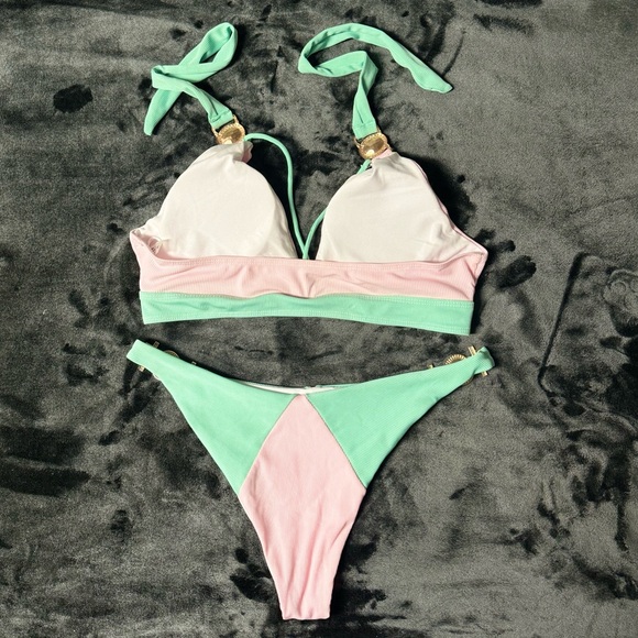 LIGHT PINK MINT RHINESTONE GEM STRAPPY CHEEKY 2PC SWIMSUIT BIKIN - Picture 7 of 9